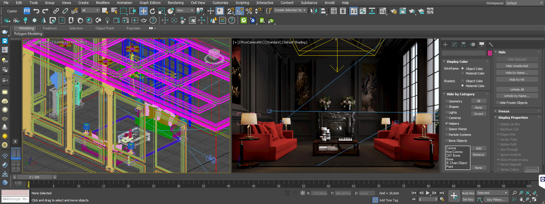 Screenshot of 3D modeling and rendering app, showing wireframe and shaded views of an ambient - horizontal layout