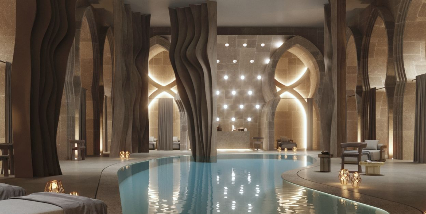 Interior 3D rendering of an indoor pool