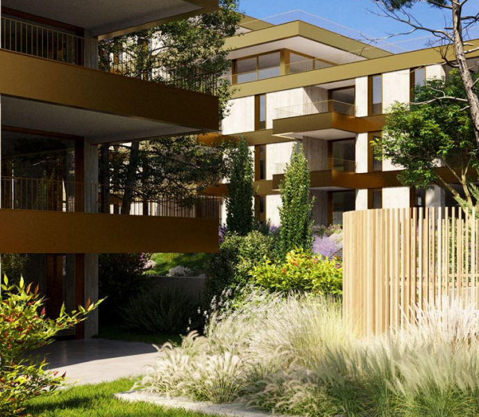 Exterior 3D rendering of a new neighborhood development and how it will be surrounded by nature