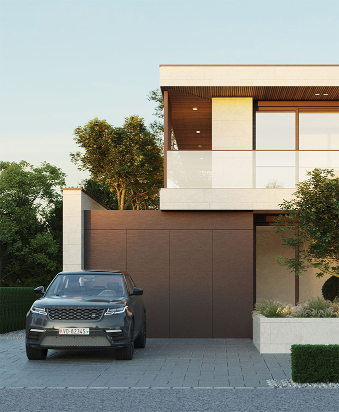 Exterior 3D rendering of a modern house and how it meets with nature 