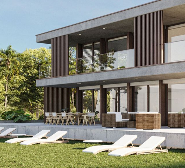 Exterior 3D rendering of a modern house - View from garden with deck chairs