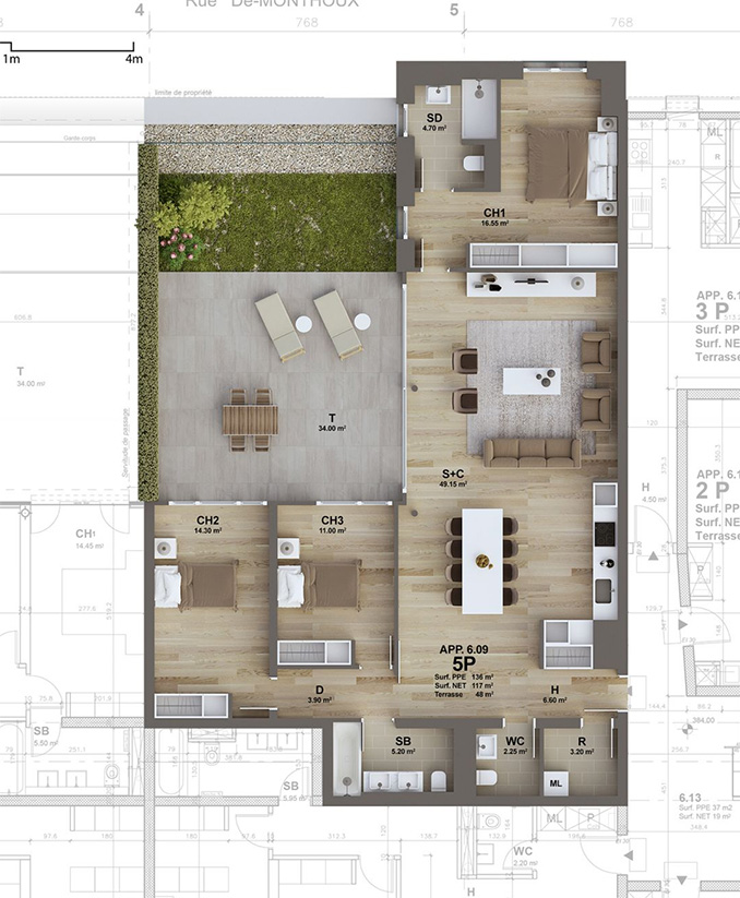 3D rendering of a floorplan showing furniture and installation possibilities