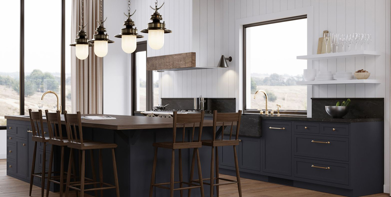 Interior 3D rendering of a kitchen and integrated dining room