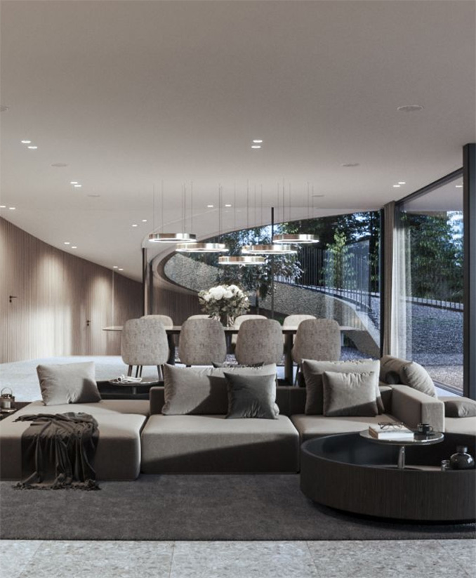 Interior 3D rendering of a high end living room