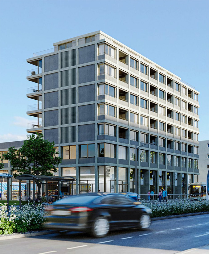 Exterior 3D rendering of a building used in real estate advertising