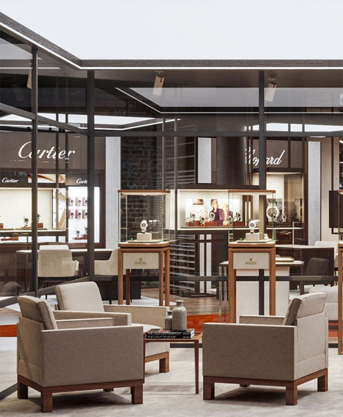 3D rendering of a jewelry retail shop