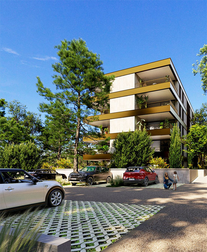 Urban 3D rendering of a new neighborhood - View from parking lot