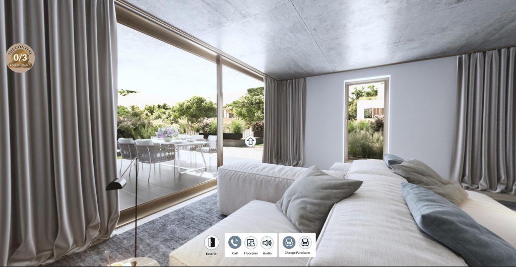 View of a virtual tour app with interface buttons and interior 3D rendering as background panorama