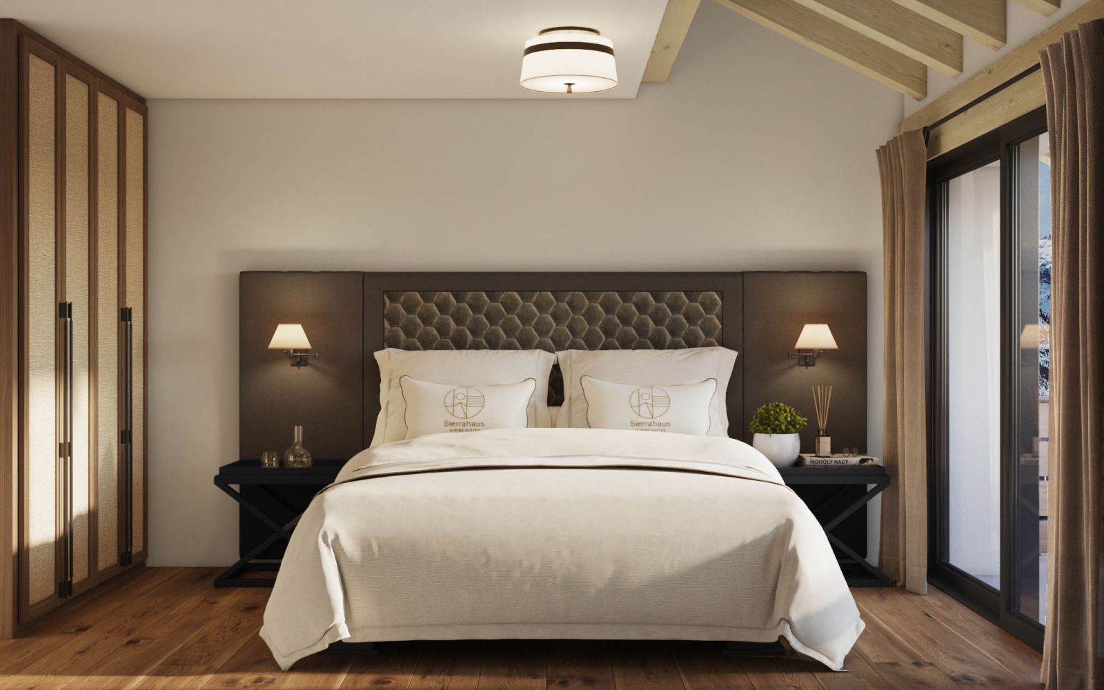 Commercial 3D rendering of the Hotel apartment modern bedroom, with brown tones in the furniture and flooring