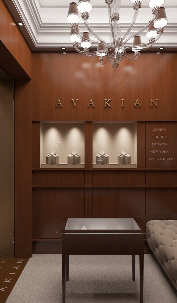 Comercial 3D rendering of the Avakian Jewelry Store in Moscow with wooden walls and elegant showcases