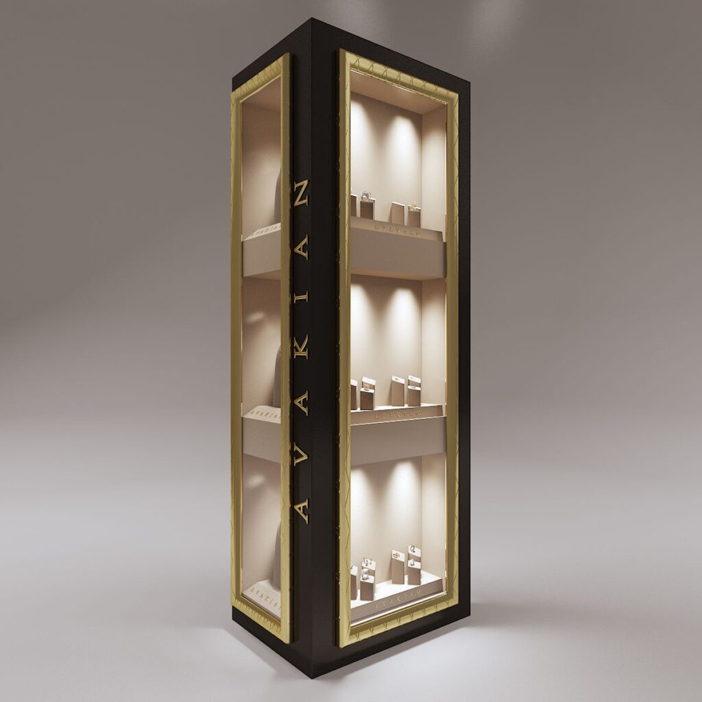 Comercial 3D rendering of the exhibitor with very good lighting and gold details at the Avakian Jewelry Store in Moscow
