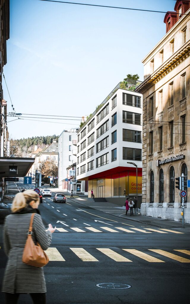Commercial 3D rendering of the Housing - La Chaux de Fonds with a glass and concrete facade