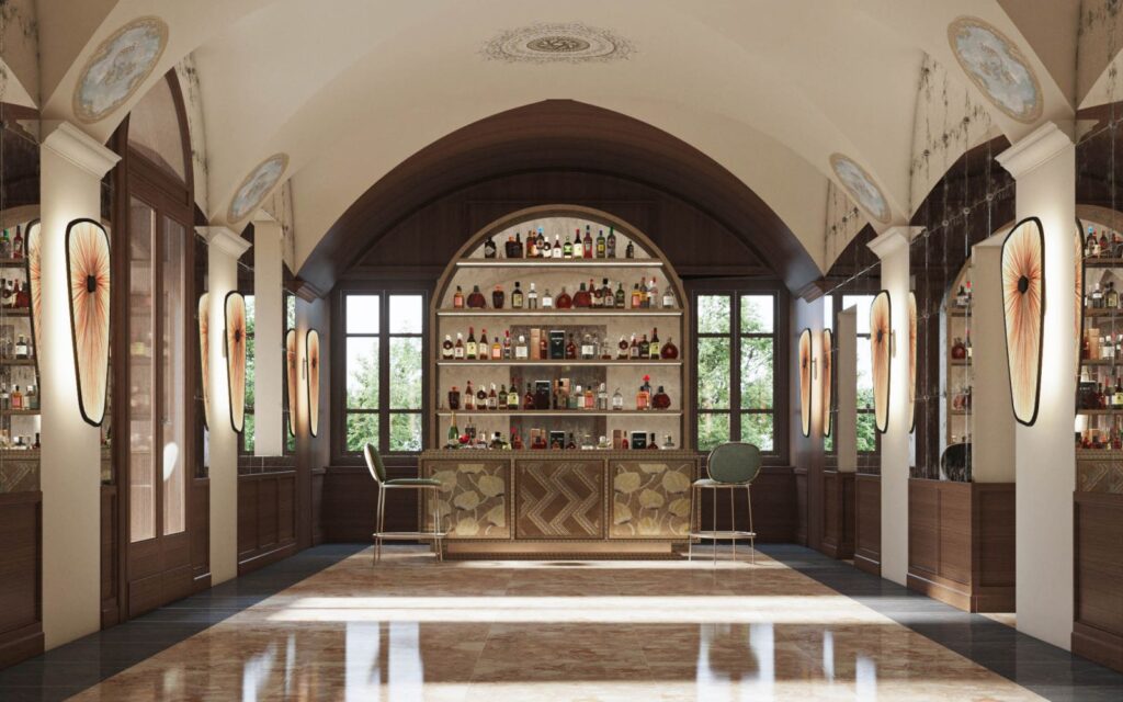 Commercial 3D rendering of the Hotel classic-style bar with marble floors, original lamps, and wooden furniture
