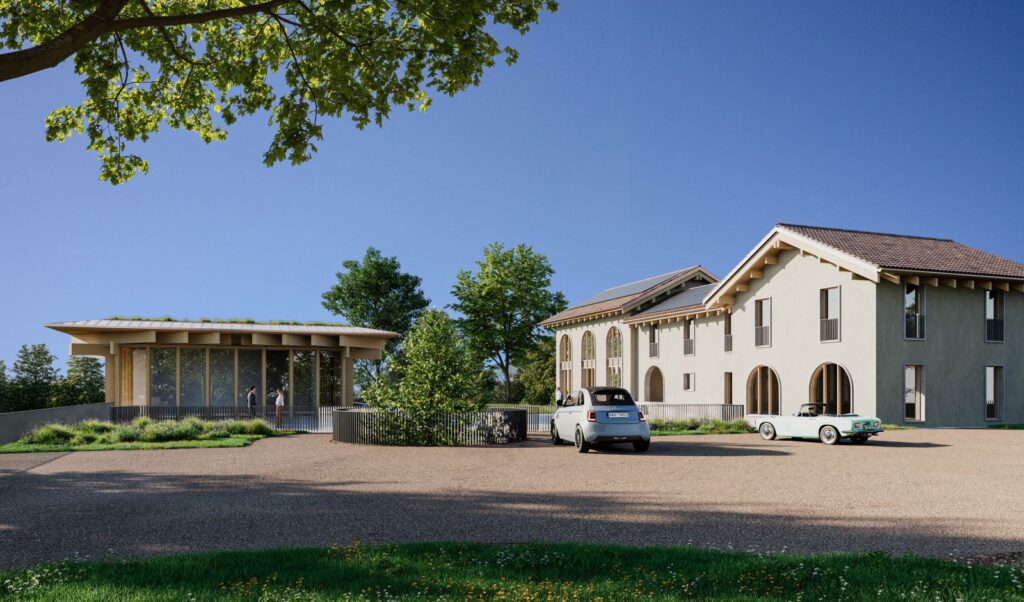 Commercial 3D rendering of the Cantina Miroglio facade with pure lines, natural materials and a classic style