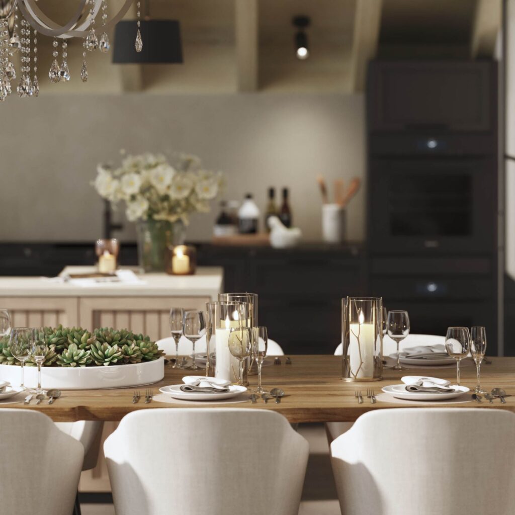 Commercial 3D rendering of the Hotel apartment dining room, with modern and rustic furniture at the same time