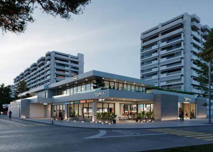Commercial 3D rendering of the La Tourelle very modern, original and well-lit external facade