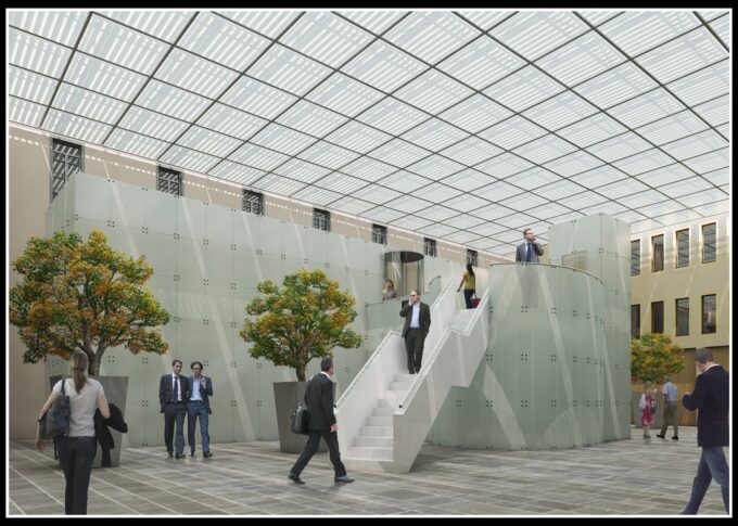 Commercial 3D rendering of the Maghetti Plaza modern interior with lots of natural light, a central staircase and trees