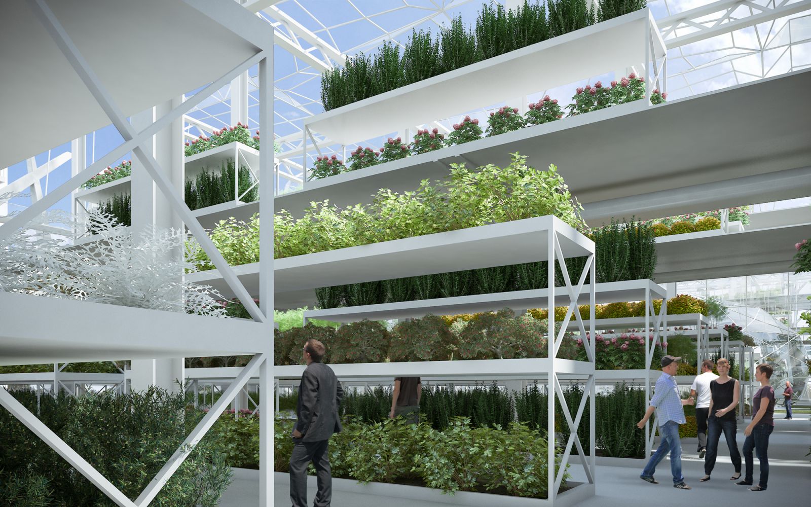 Commercial 3D rendering of the Green House plant market with tall, white shelves and lots of natural light