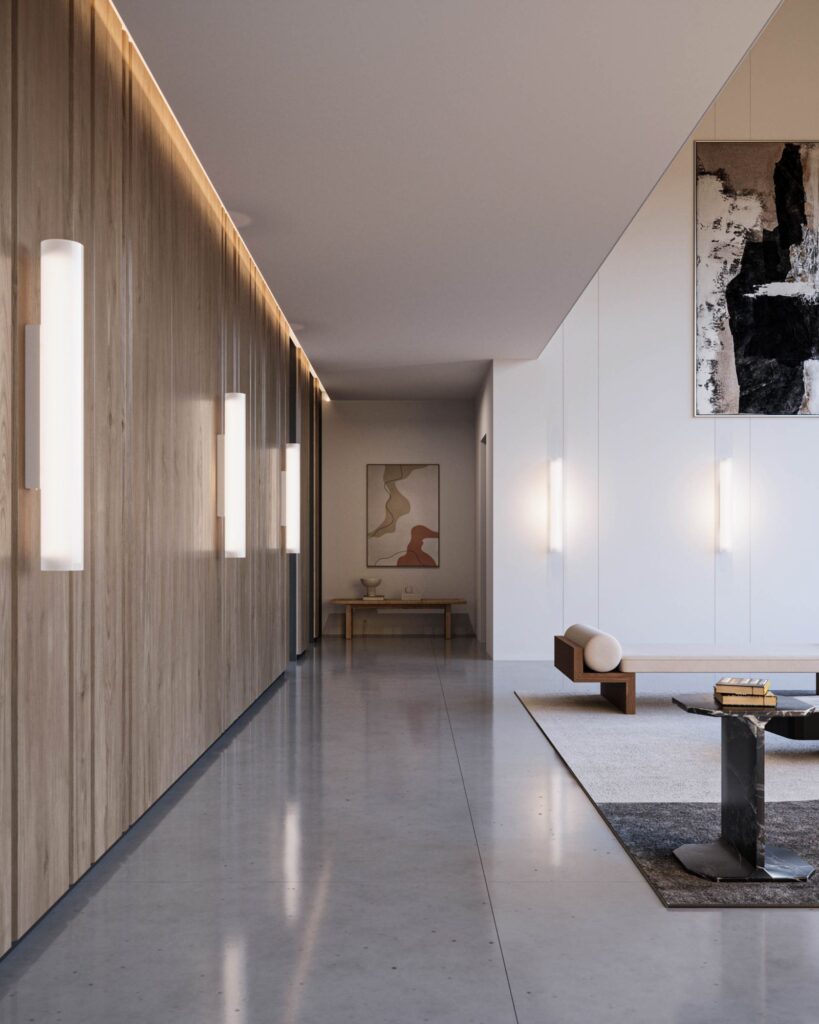 Commercial 3D rendering of the Lighting catalogue elongated tube-shaped wall lamps with warm light