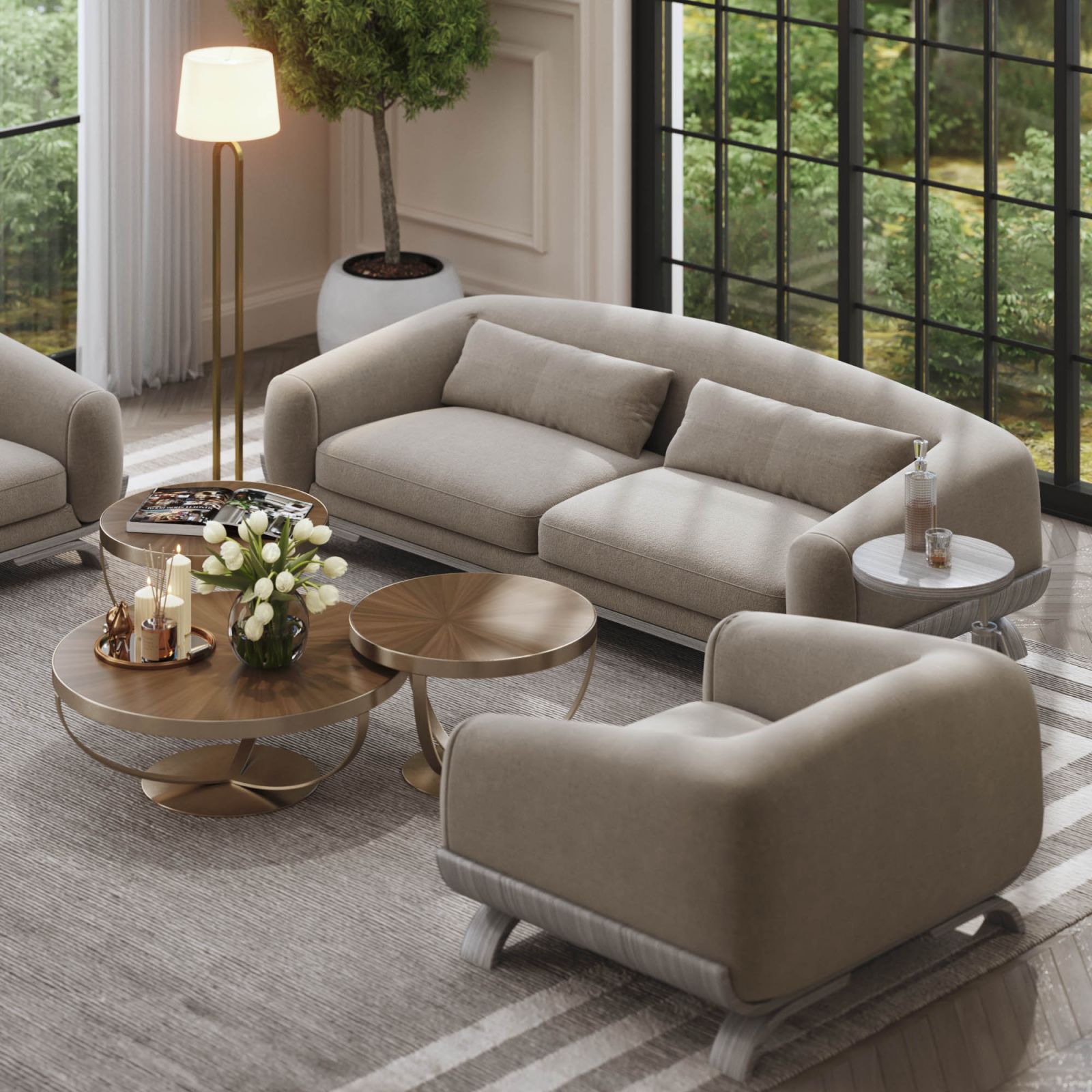 Commercial 3D rendering of the Catalogue 2024 modern living room, with minimalist style, gray furniture, lots of natural light and a wooden coffee table