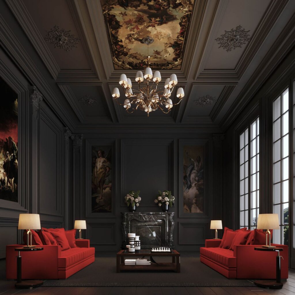 Commercial 3D rendering of the Catalogue 2024 elegant living room with high ceiling, black walls, luxurious furniture and red sofas