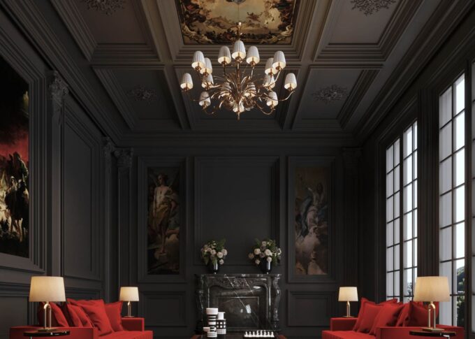 Commercial 3D rendering of the Catalogue 2024 elegant living room with high ceiling, black walls, luxurious furniture and red sofas