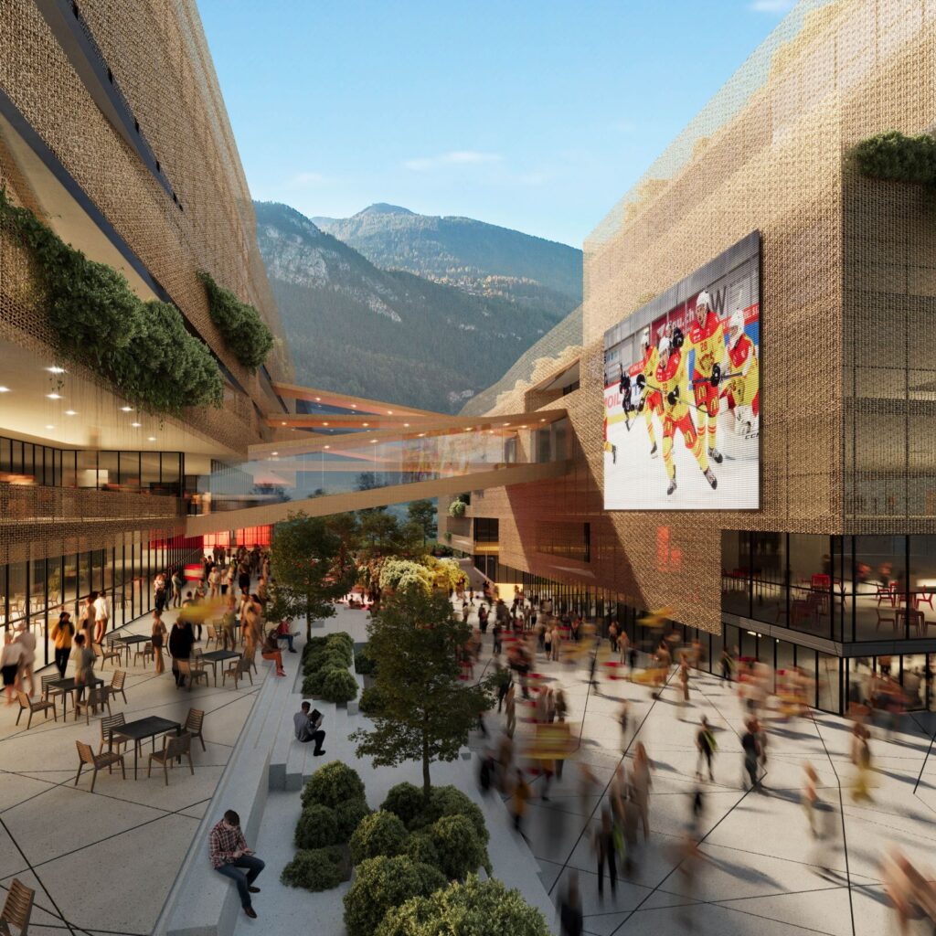 Commercial 3D rendering of the Arena connection between the two buildings by modern bridges on the upper floors and a large screen on the outside of the building