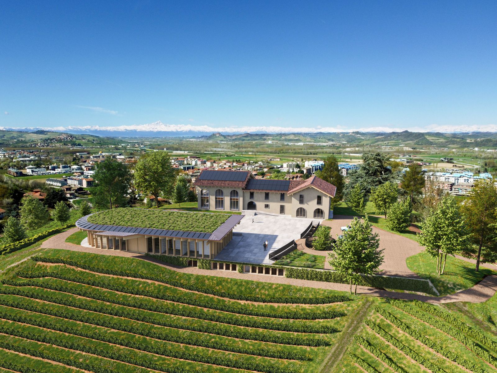 Commercial 3D rendering of the Cantina Miroglio classic facade, but updated to be sustainable