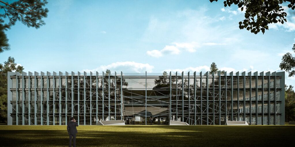 Commercial 3D rendering of the Innowatio Headquarter modern facade, made of tinted glass