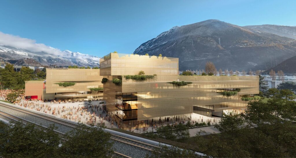 Commercial 3D rendering of the Arena modern and original exterior with many windows for natural light inside