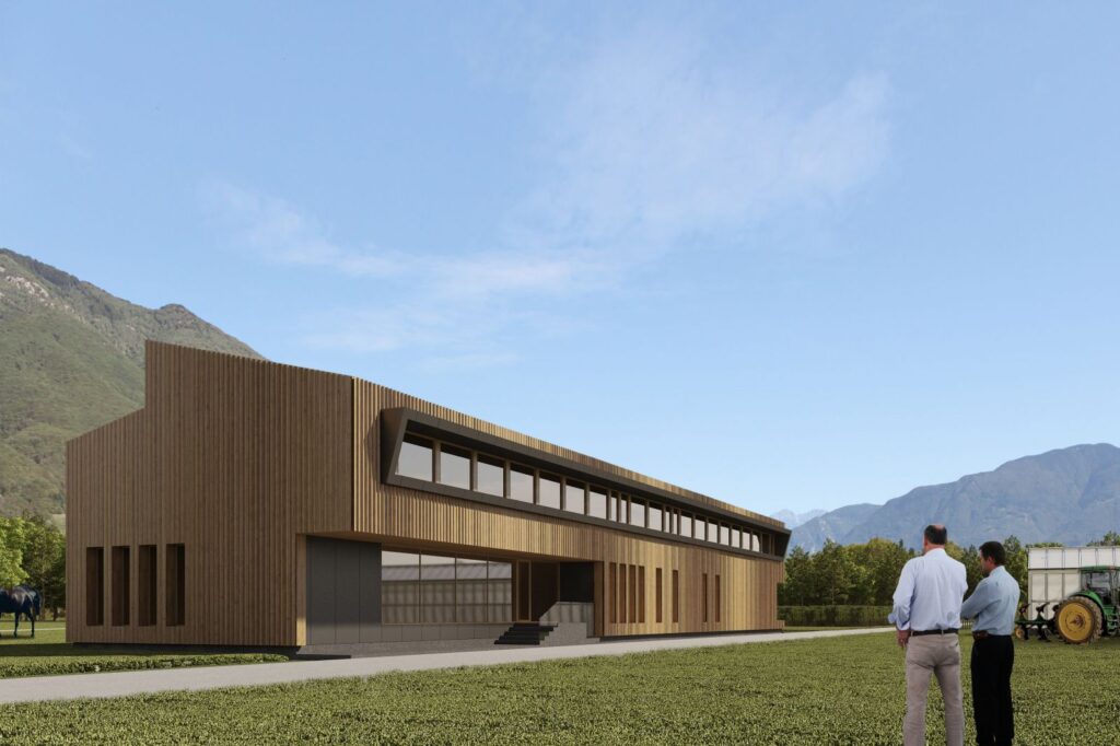 Commercial 3D rendering of the Agroscpe exterior with a wooden facade and many windows to illuminate its interior with natural light