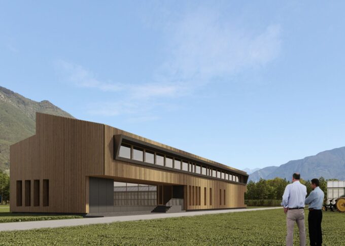 Commercial 3D rendering of the Agroscpe exterior with a wooden facade and many windows to illuminate its interior with natural light