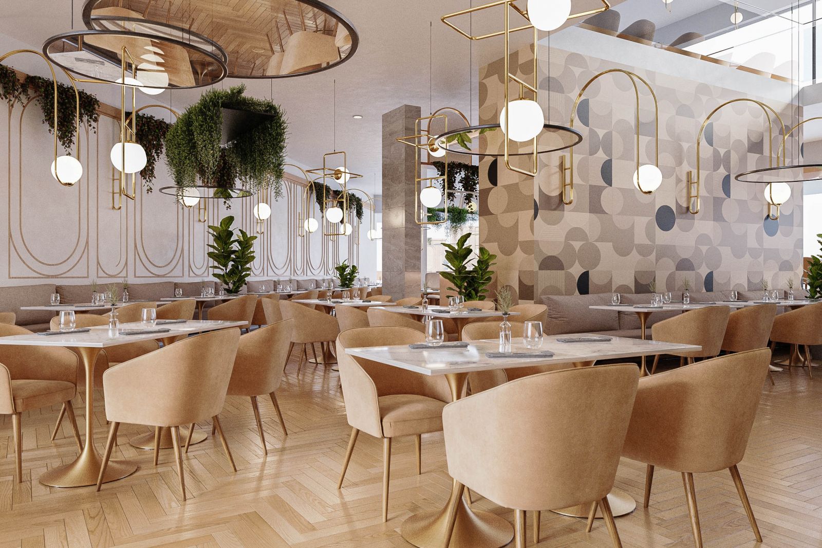 Commercial 3D rendering of the Arcades restaurant designed with many gold-colored ceiling lamps throughout the area, neutral-colored armchairs, and decorative plants