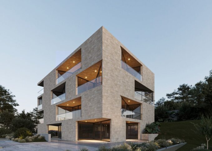 Exterior 3D rendering of the Multifamily house a well-lit building at night, with original balconies and unusual shapes.