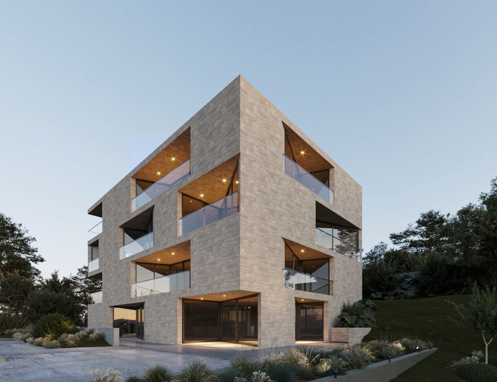 Exterior 3D rendering of the Multifamily house a well-lit building at night, with original balconies and unusual shapes.