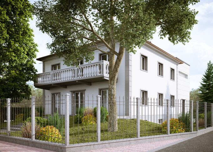 Exterior 3D rendering of the Family Home – Scaini with a classic fence around the house, which is white and has a large balcony