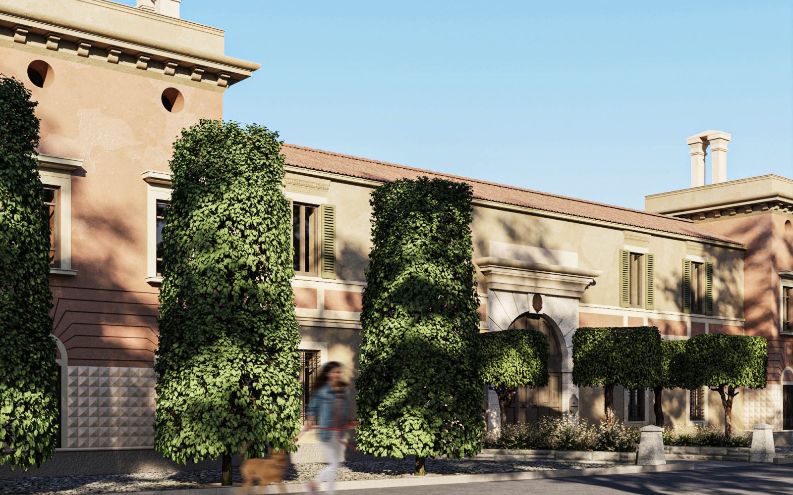 Exterior 3D rendering of the Hotel with classic style, brick-colored walls and lots of plants