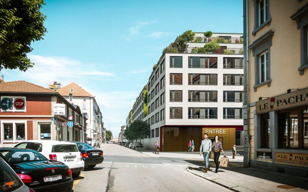 Exterior 3D rendering of the clean and minimalist from the entrance of the Housing - La Chaux de Fonds