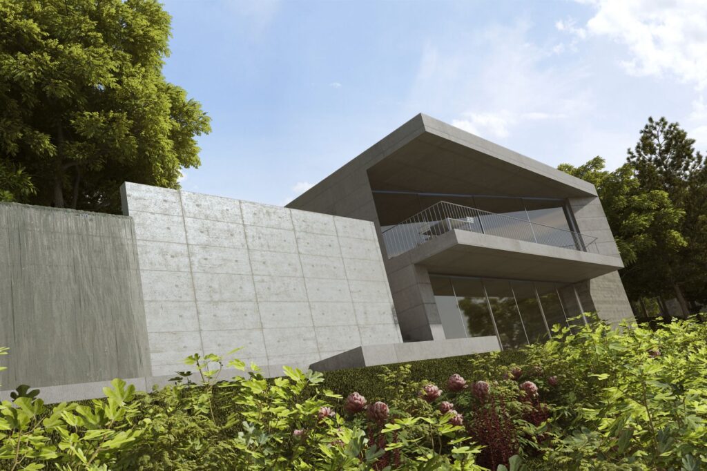 Exterior 3D rendering of the Family Home and Pool designed with concrete, glass and steel, allowing a lot of natural light to enter the residence's environments