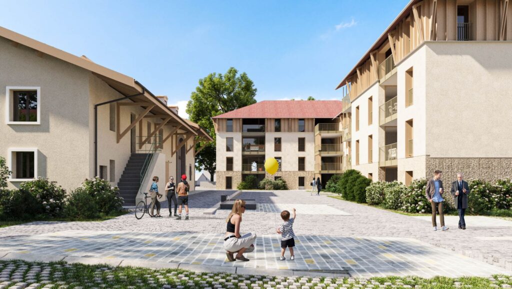 Exterior 3d rendering of the Peney classic construction of several cream-colored buildings with a center that unites them