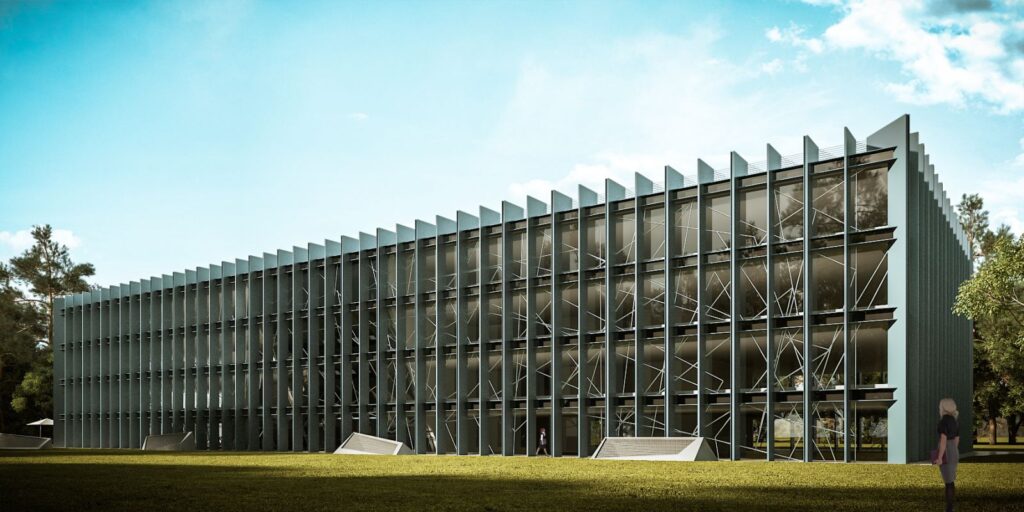 Exterior 3D rendering of the Innowatio Headquarter modern and original rectangular glass facade