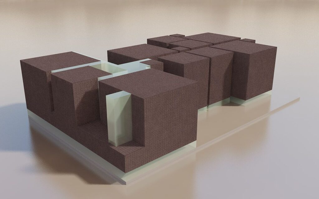 Exterior 3D rendering of the National Library Argentina – Contest modern model of the entire building with the materials corresponding to each wall