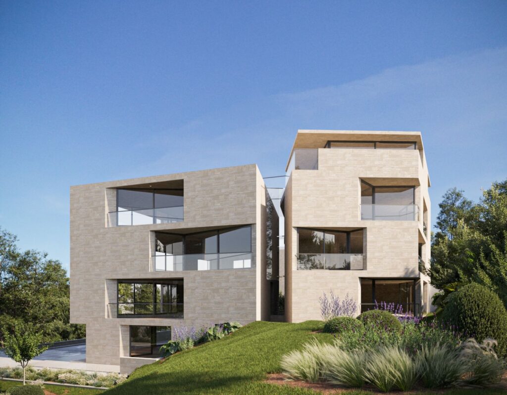 Exterior 3D rendering of the Multifamily house natural stone facade, which blends beautifully with the environment