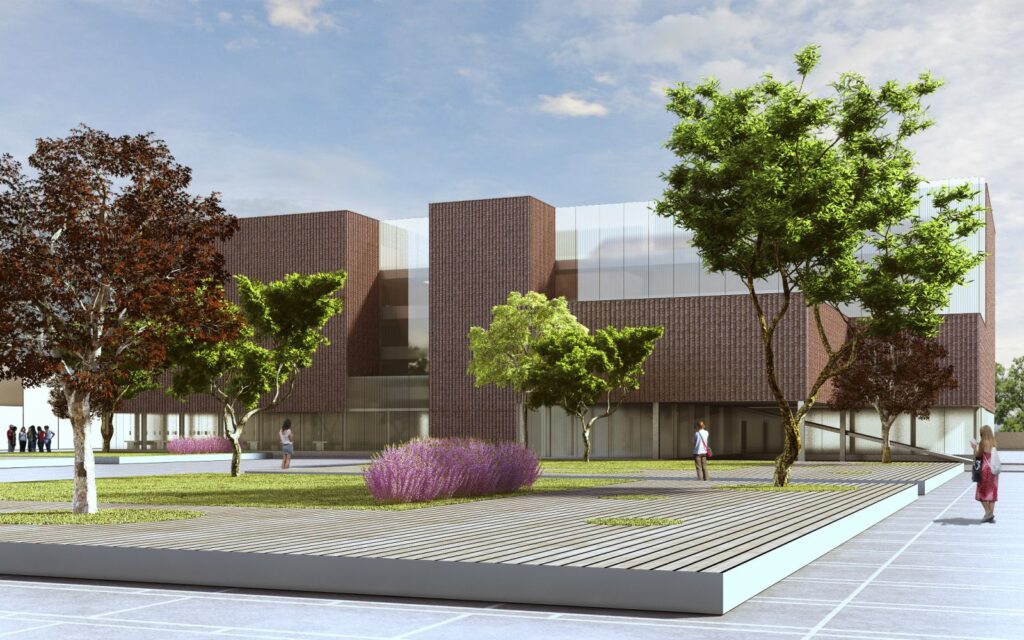 Exterior 3D rendering of the National Library Argentina – Contest exterior modern with exposed brick walls and other glass walls