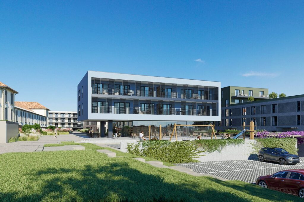 Exterior 3D rendering of the Quartier Saint Michel modern and original building with large balconies, from which you can see the children's games on the ground floor