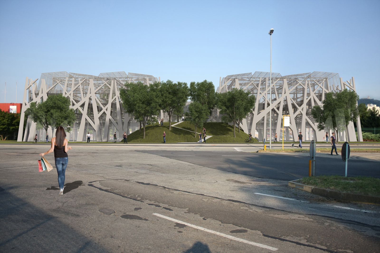 Exterior 3D rendering of the Green House gray facade, with holes and stripes on the front