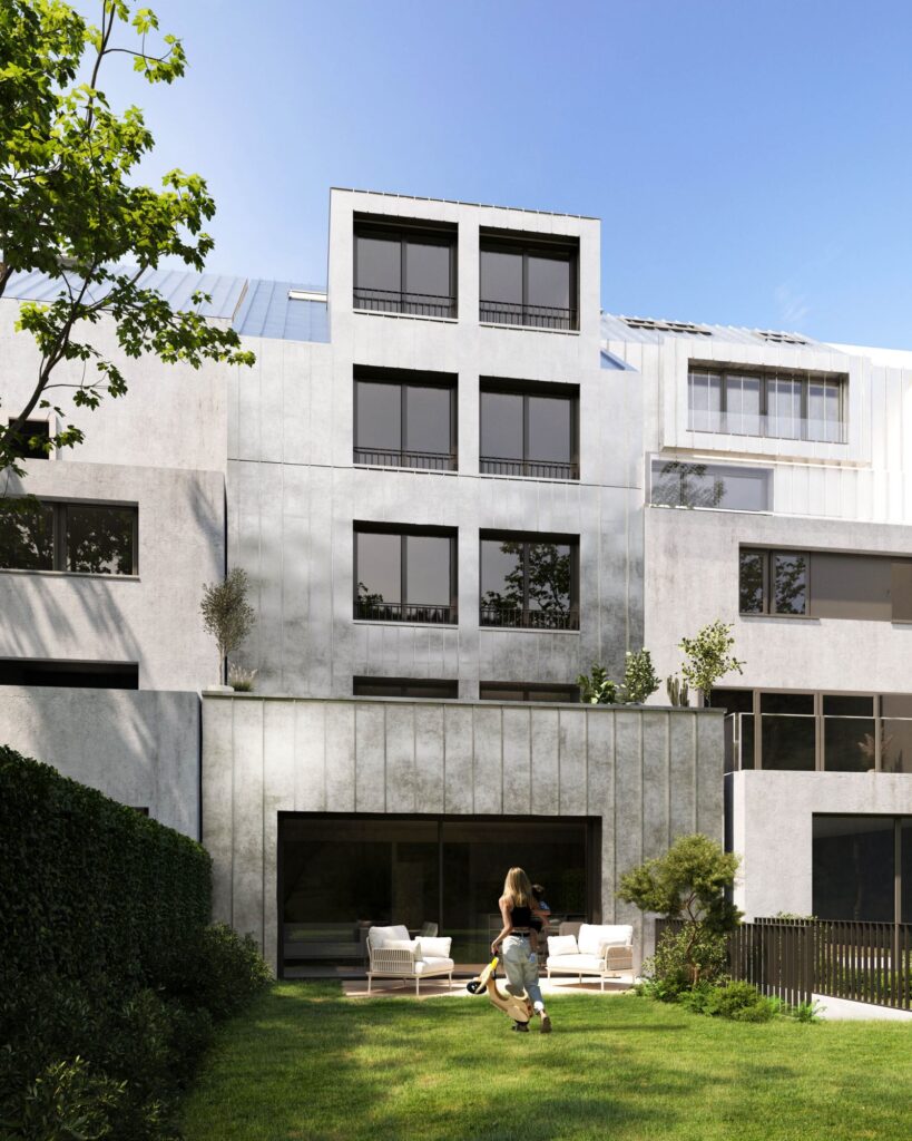 Exterior 3D rendering of the Limpertsberg with balconies overlooking the inner courtyard, vines and a gray-colored facade