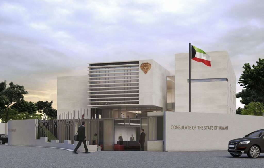 Exterior 3D rendering of the Kuwait Embassy external facade with a minimalist and modern style at the same time, with neutral tones and decorative plants