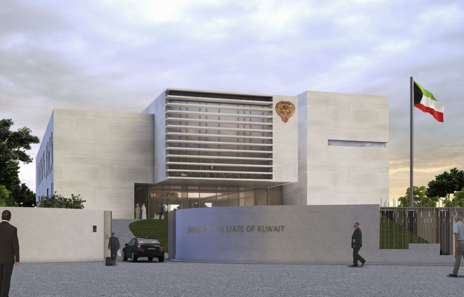 Exterior 3D rendering of the Kuwait Embassy with a modern and minimalist style at the same time, with many decorative plants and gray tones on the walls