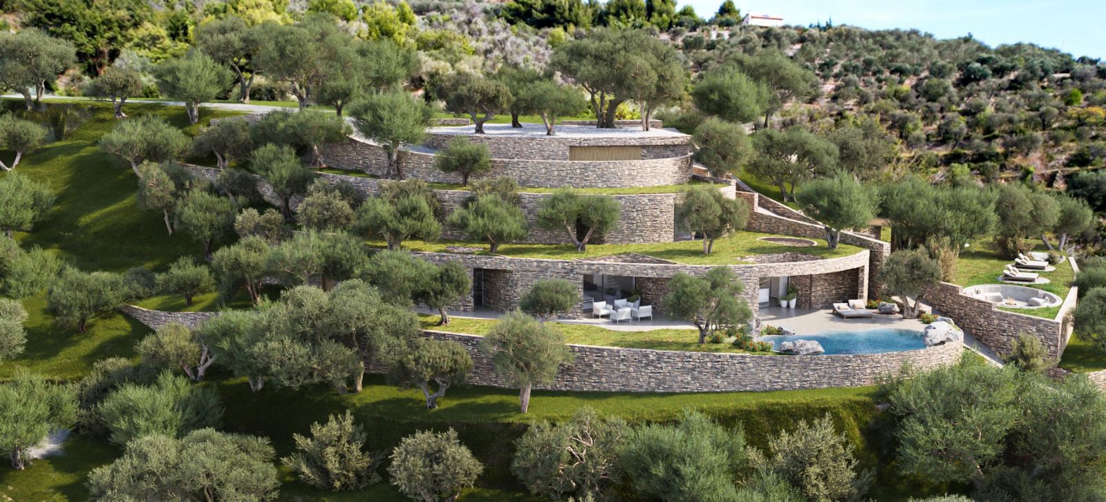 Exterior 3D rendering of the Private house very well integrated into the landscape thanks to its natural materials
